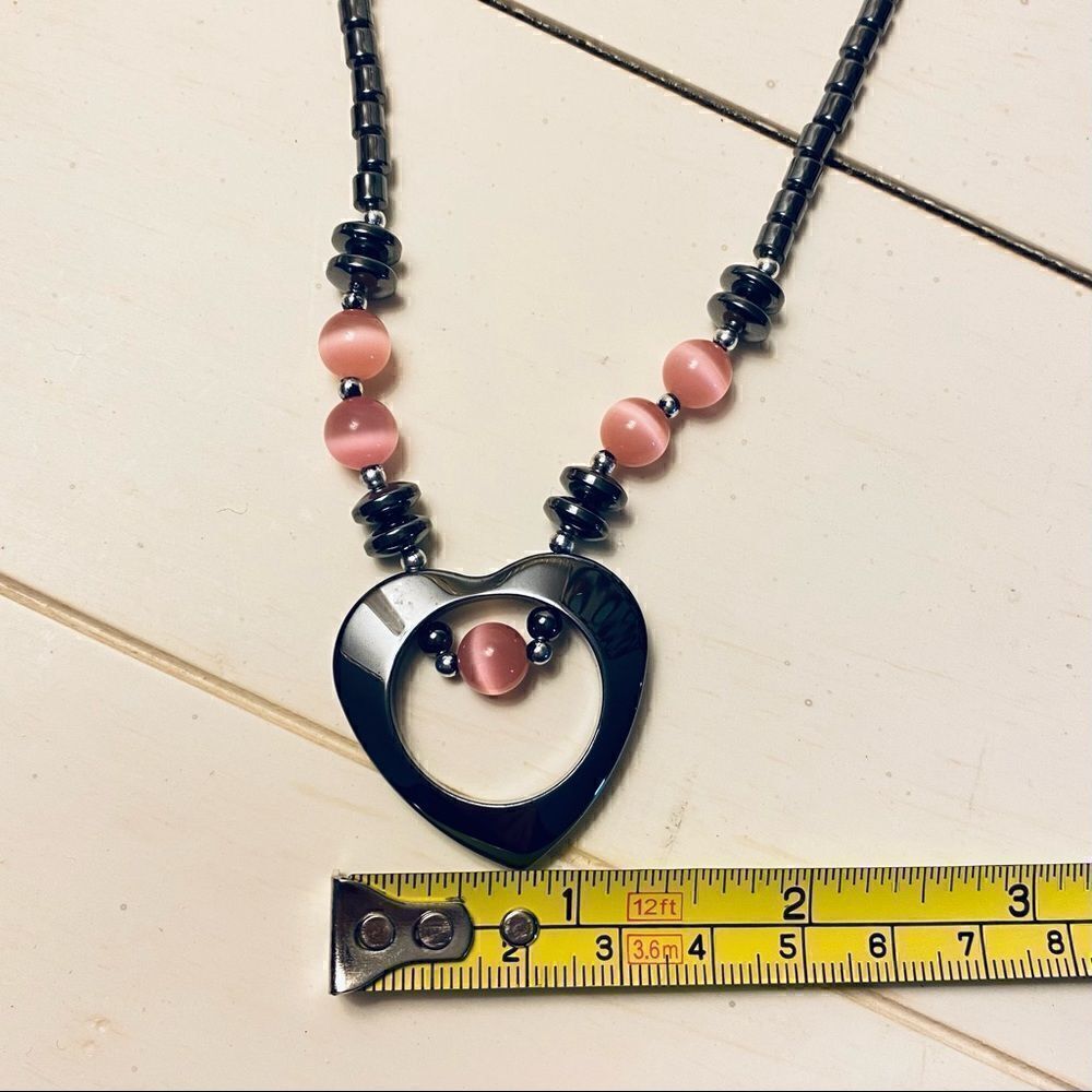 NEW 18” HEMATITE OPEN HEART W/ROSE QUARTZ STONE NECKLACE - Picture 13 of 14